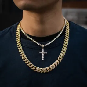 Tennis Chain w/ Cross + Diamond Cuban Link Bundle