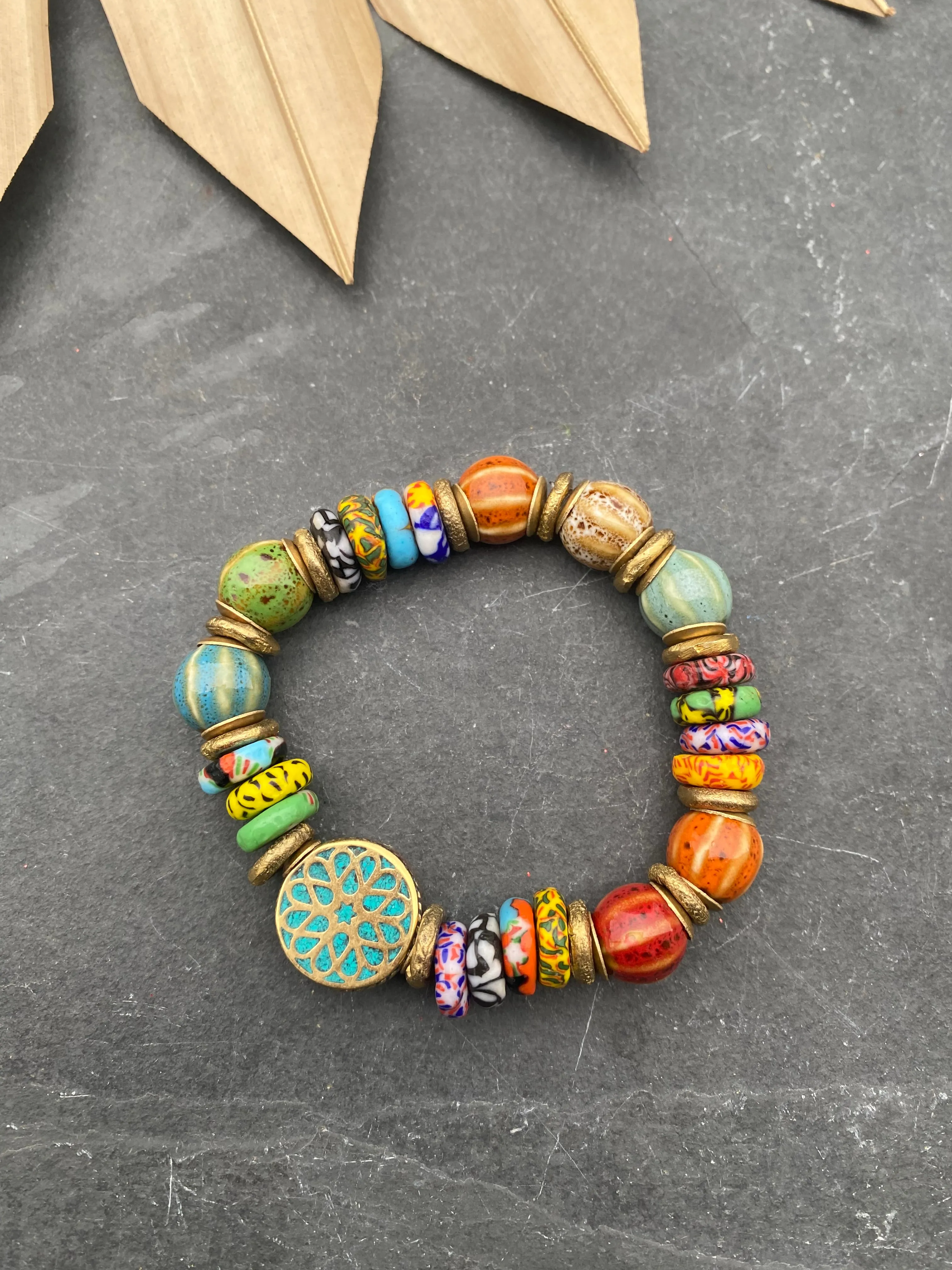 Tibetan bead, ceramic beads, indoneisan glass, African brass, elastic cording, bracelet, jewelry