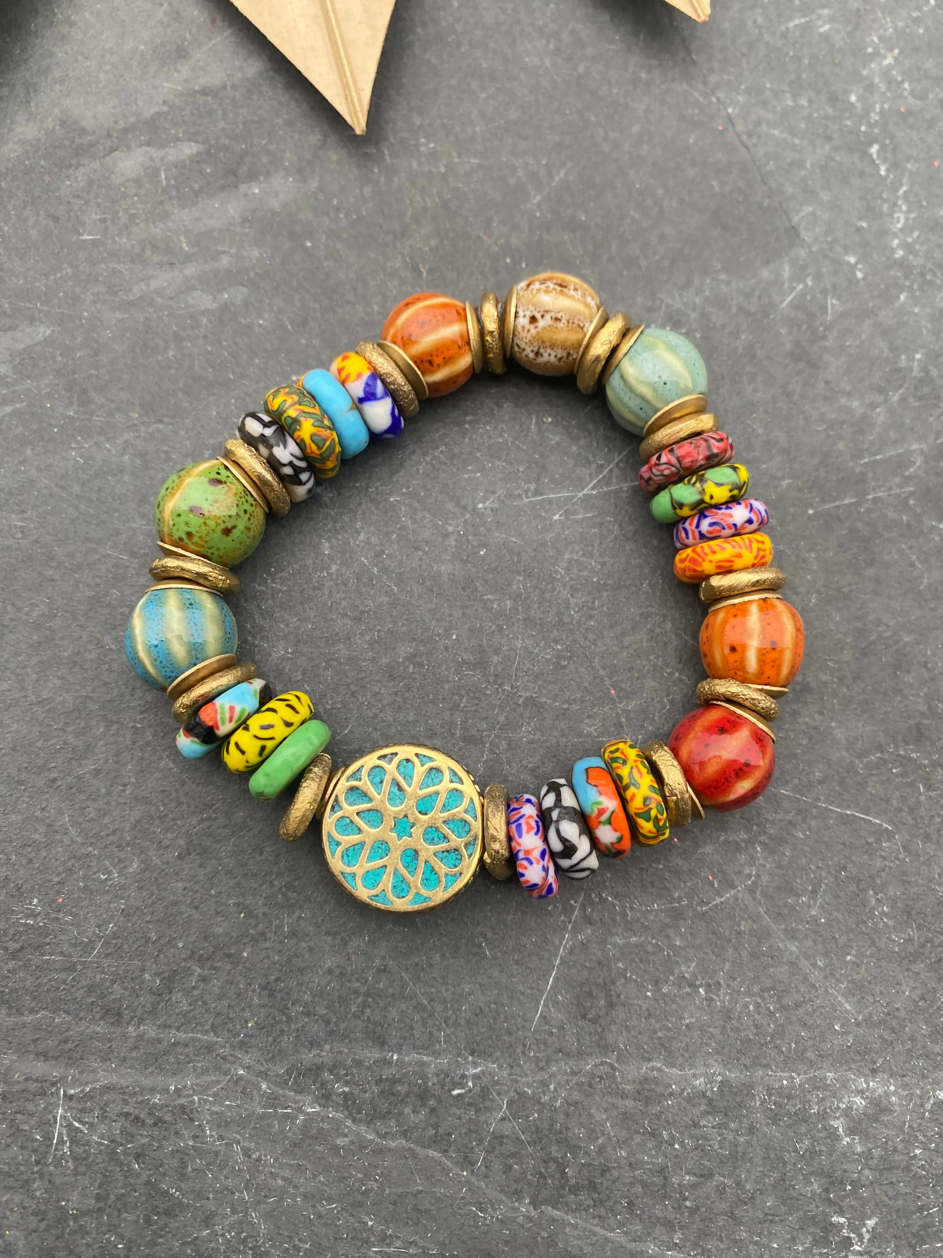 Tibetan bead, ceramic beads, indoneisan glass, African brass, elastic cording, bracelet, jewelry