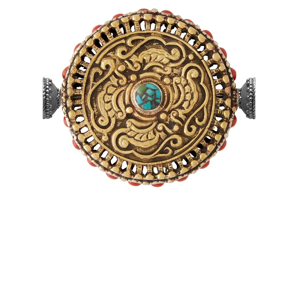 Tibetan Treasure  Coral and Turquoise Medallion Gunmetal Centerpiece