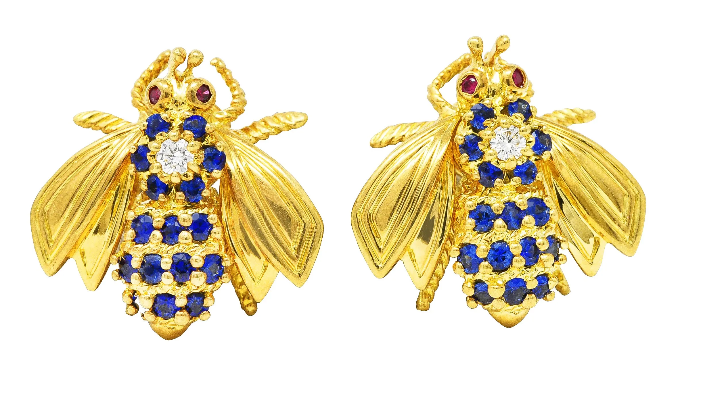 Tiffany & Co. 0.78 CTW Diamond Sapphire Ruby 18 Karat Yellow Gold Bee Vintage Earrings