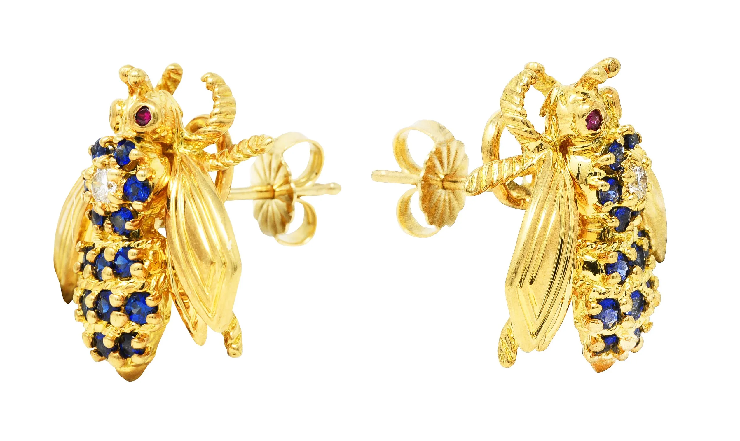 Tiffany & Co. 0.78 CTW Diamond Sapphire Ruby 18 Karat Yellow Gold Bee Vintage Earrings