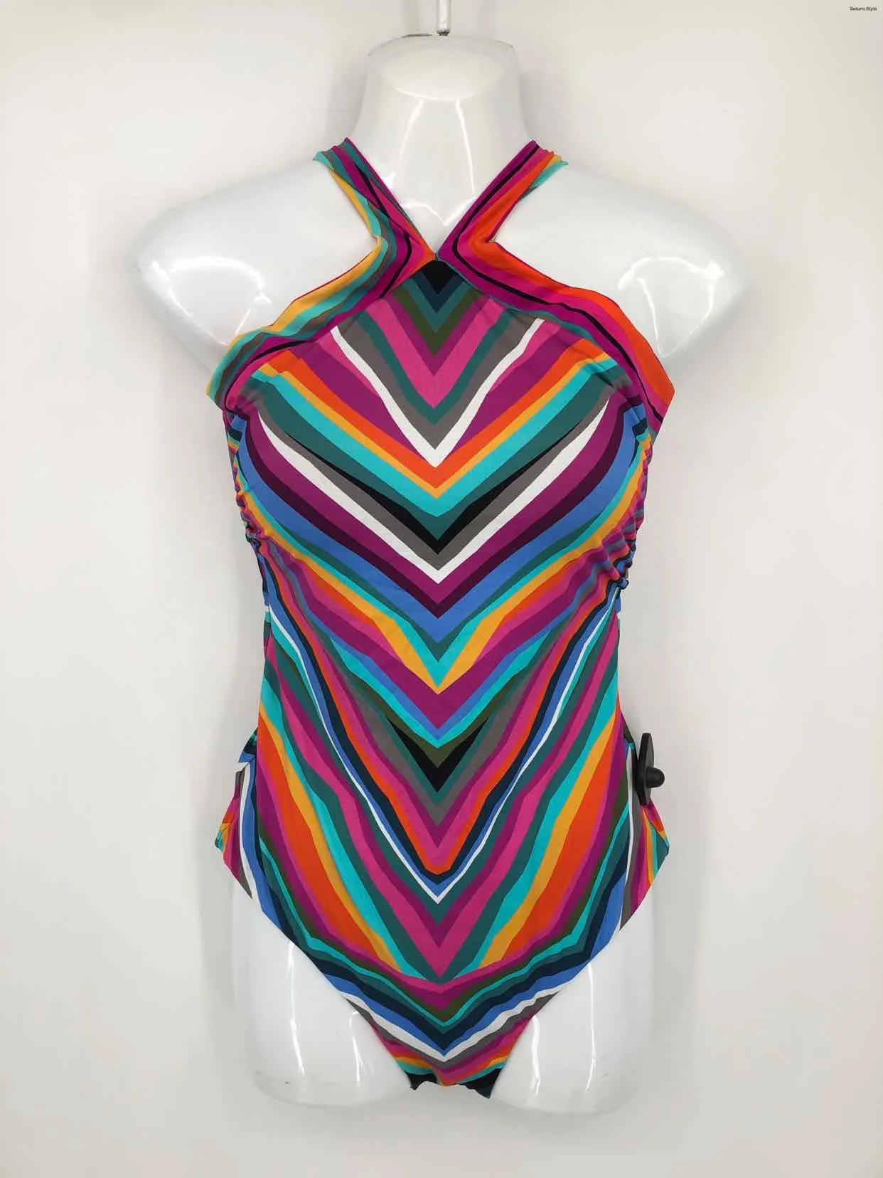 TRINA TURK Purple Blue Multi Size 8  (M) Stripe Halter Swimsuit