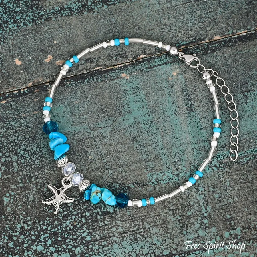 Turquoise & Starfish Charm Beaded Anklet