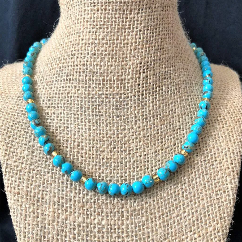 Turquoise Mosaic and Gold Toho Beaded Necklace