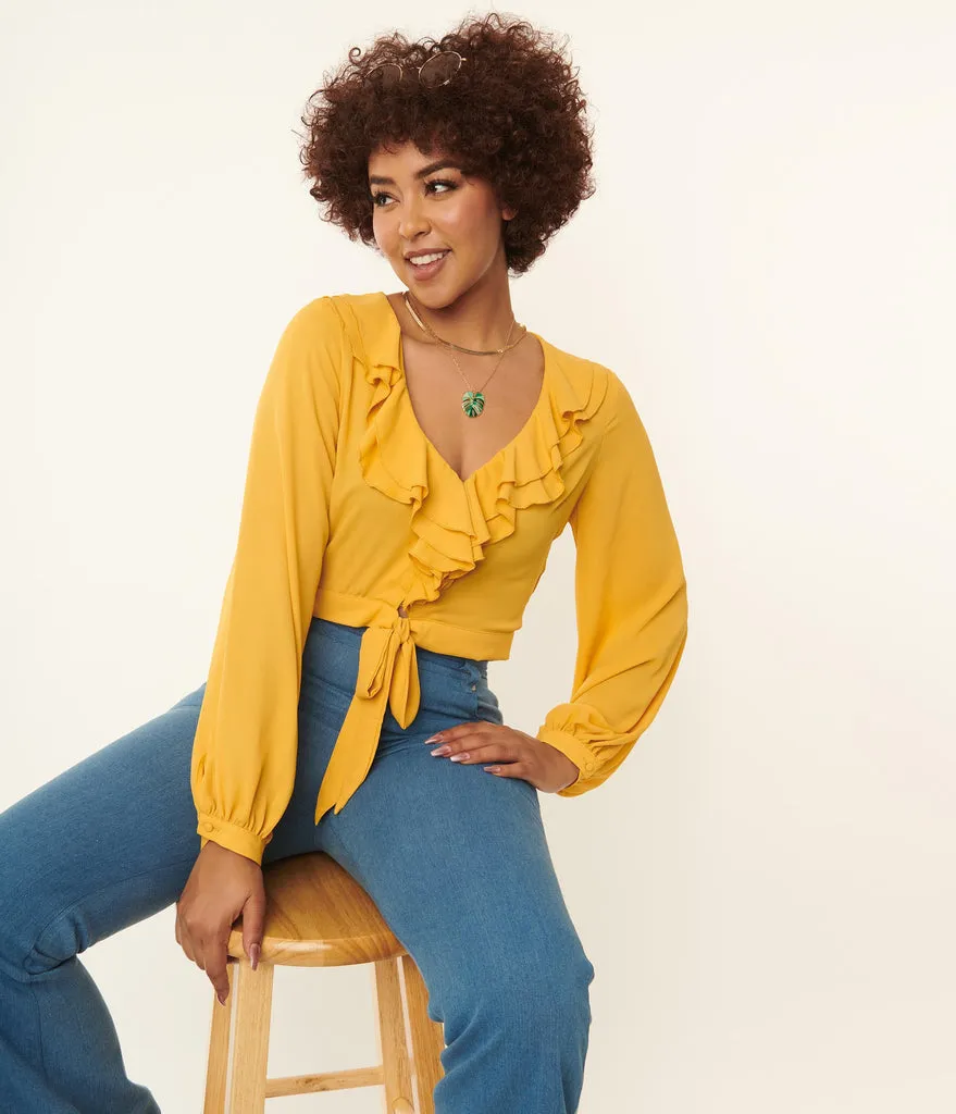 Unique Vintage Mustard Ruffled & Ready Crop Top