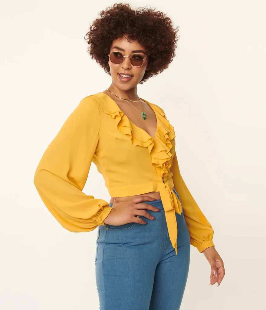 Unique Vintage Mustard Ruffled & Ready Crop Top