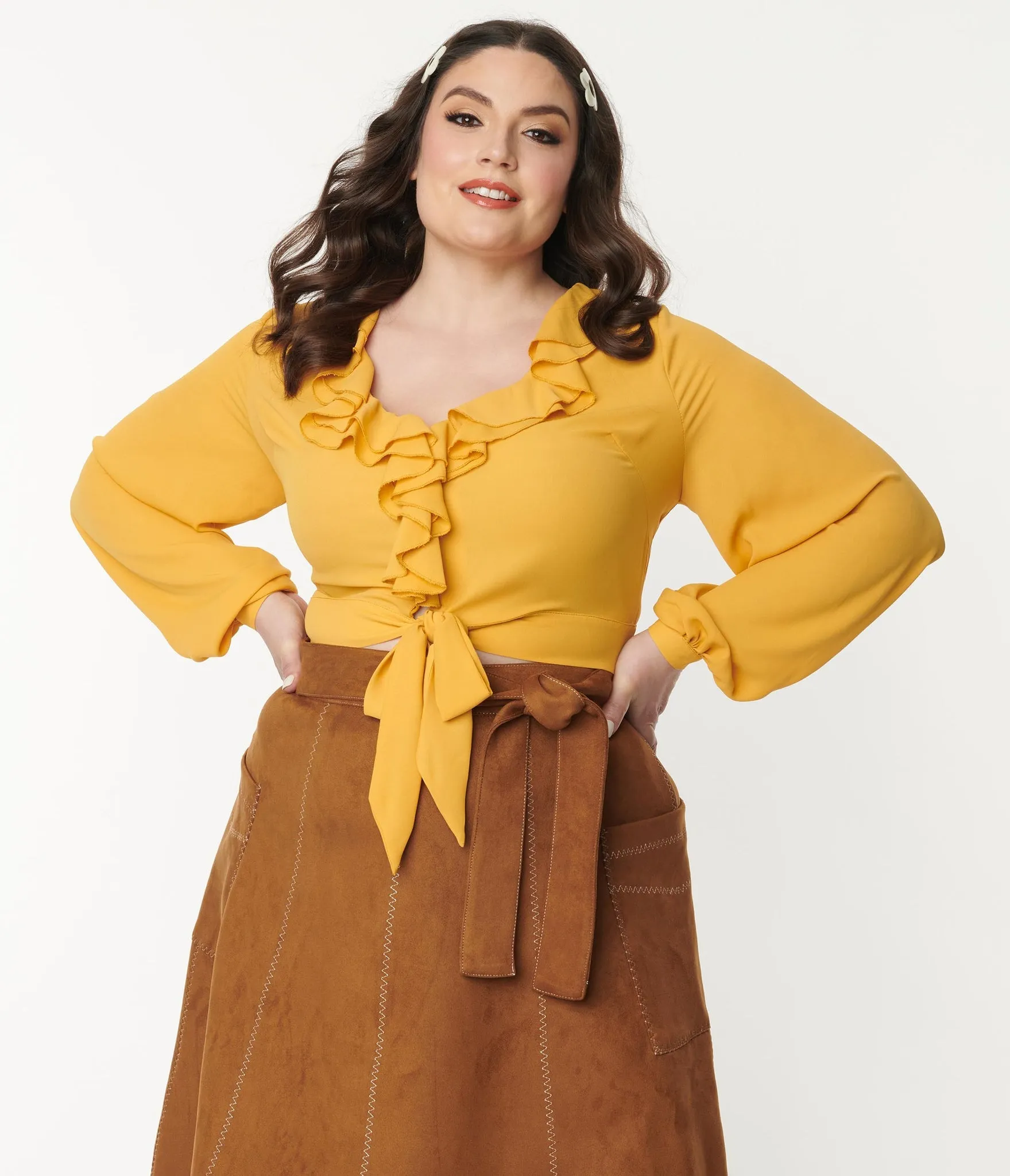 Unique Vintage Mustard Ruffled & Ready Crop Top