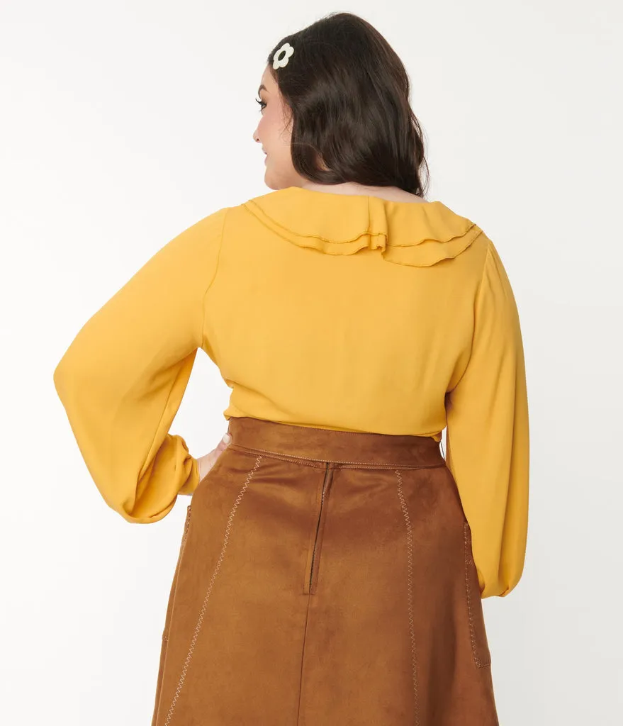 Unique Vintage Mustard Ruffled & Ready Crop Top