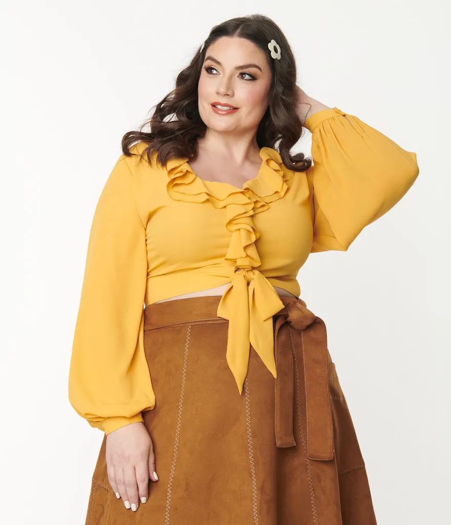 Unique Vintage Mustard Ruffled & Ready Crop Top