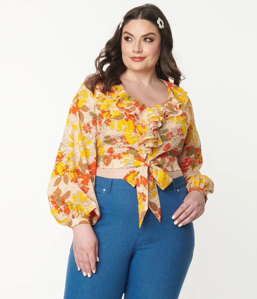 Unique Vintage Yellow & Orange Floral Ruffled & Ready Crop Top