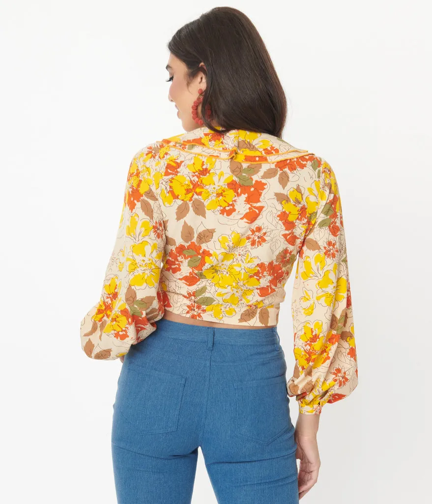 Unique Vintage Yellow & Orange Floral Ruffled & Ready Crop Top