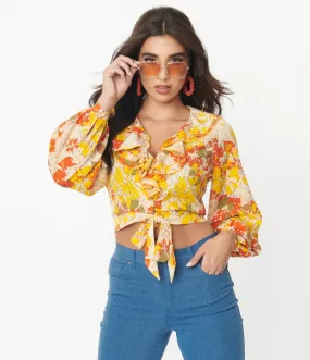 Unique Vintage Yellow & Orange Floral Ruffled & Ready Crop Top