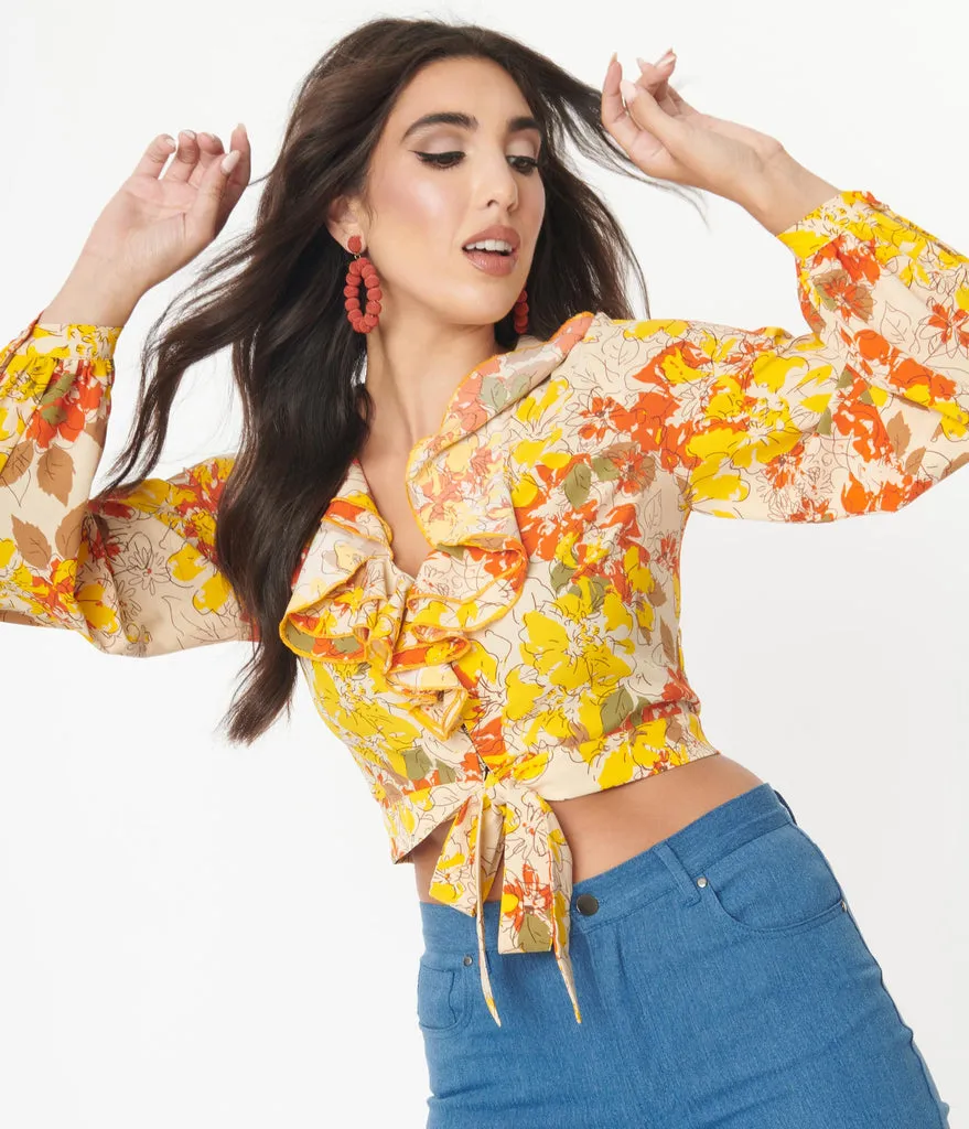 Unique Vintage Yellow & Orange Floral Ruffled & Ready Crop Top