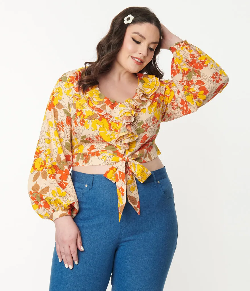 Unique Vintage Yellow & Orange Floral Ruffled & Ready Crop Top