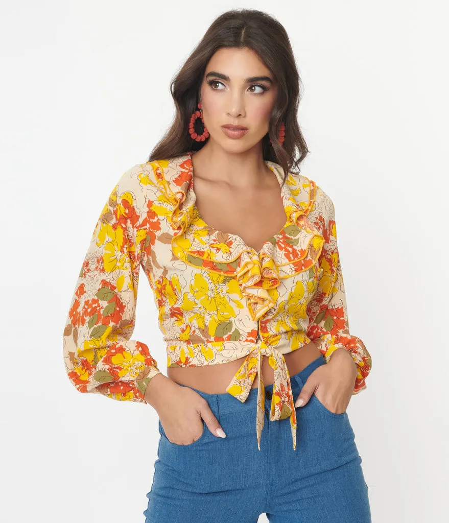 Unique Vintage Yellow & Orange Floral Ruffled & Ready Crop Top