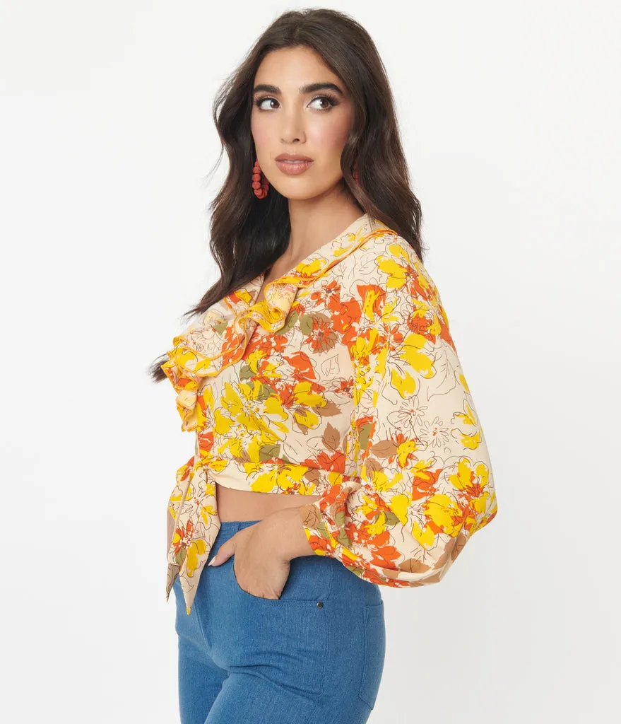 Unique Vintage Yellow & Orange Floral Ruffled & Ready Crop Top