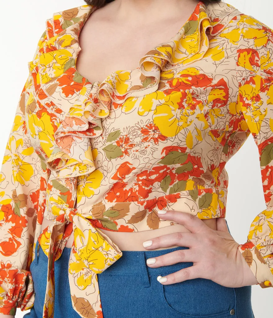 Unique Vintage Yellow & Orange Floral Ruffled & Ready Crop Top