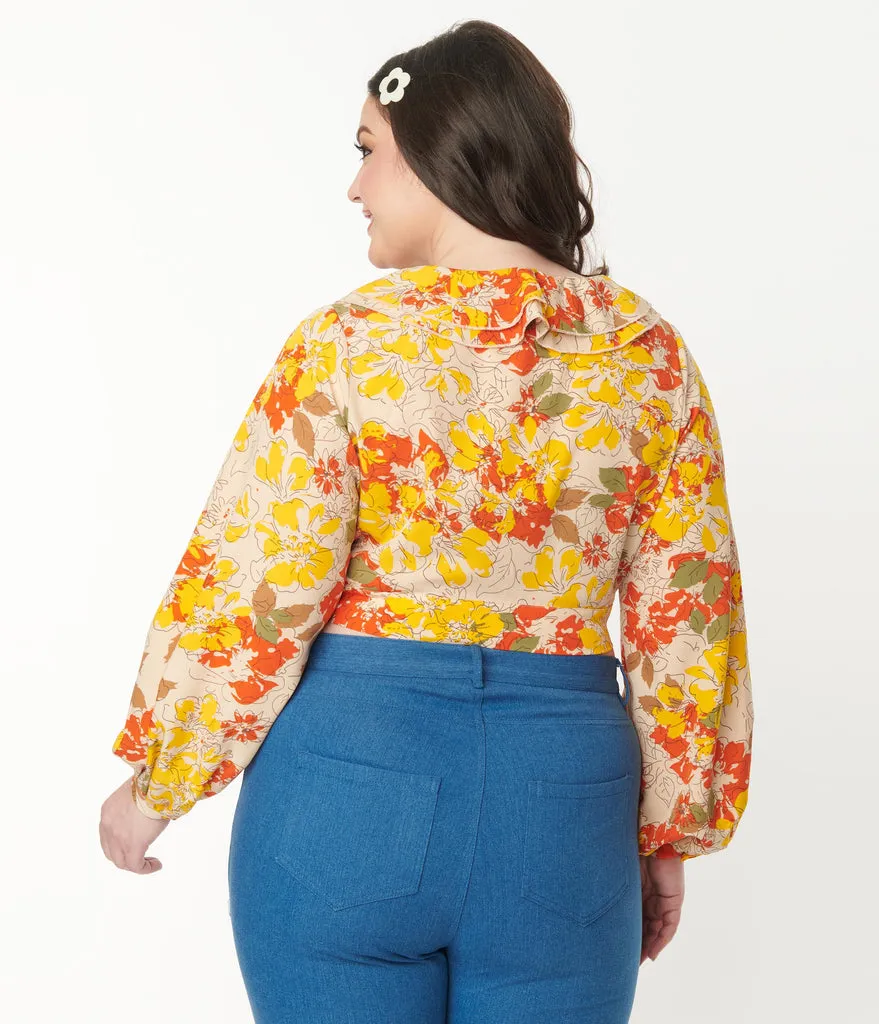 Unique Vintage Yellow & Orange Floral Ruffled & Ready Crop Top