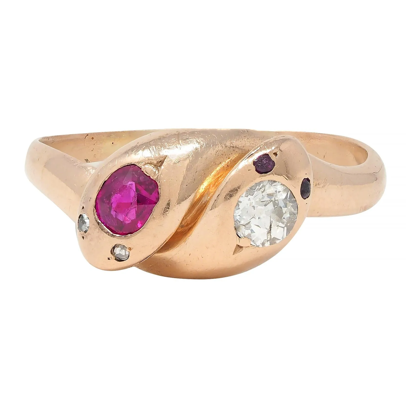 Victorian 0.36 CTW Ruby Diamond 14 Karat Rose Gold Toi-Et-Moi Lovers Knot Snake Band Ring