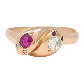 Victorian 0.36 CTW Ruby Diamond 14 Karat Rose Gold Toi-Et-Moi Lovers Knot Snake Band Ring