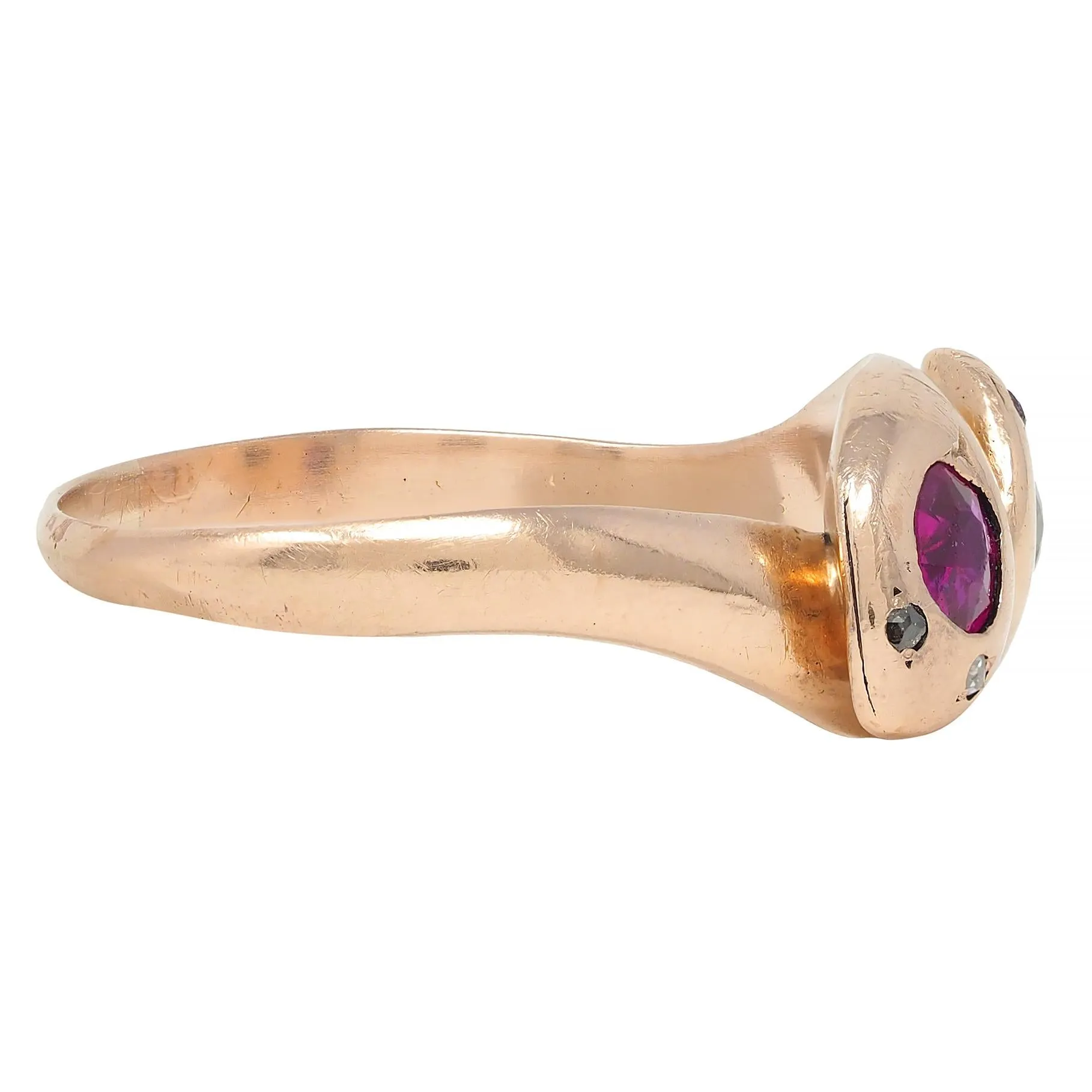 Victorian 0.36 CTW Ruby Diamond 14 Karat Rose Gold Toi-Et-Moi Lovers Knot Snake Band Ring