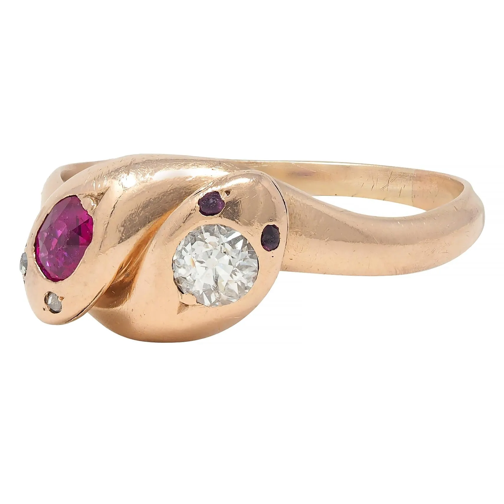 Victorian 0.36 CTW Ruby Diamond 14 Karat Rose Gold Toi-Et-Moi Lovers Knot Snake Band Ring