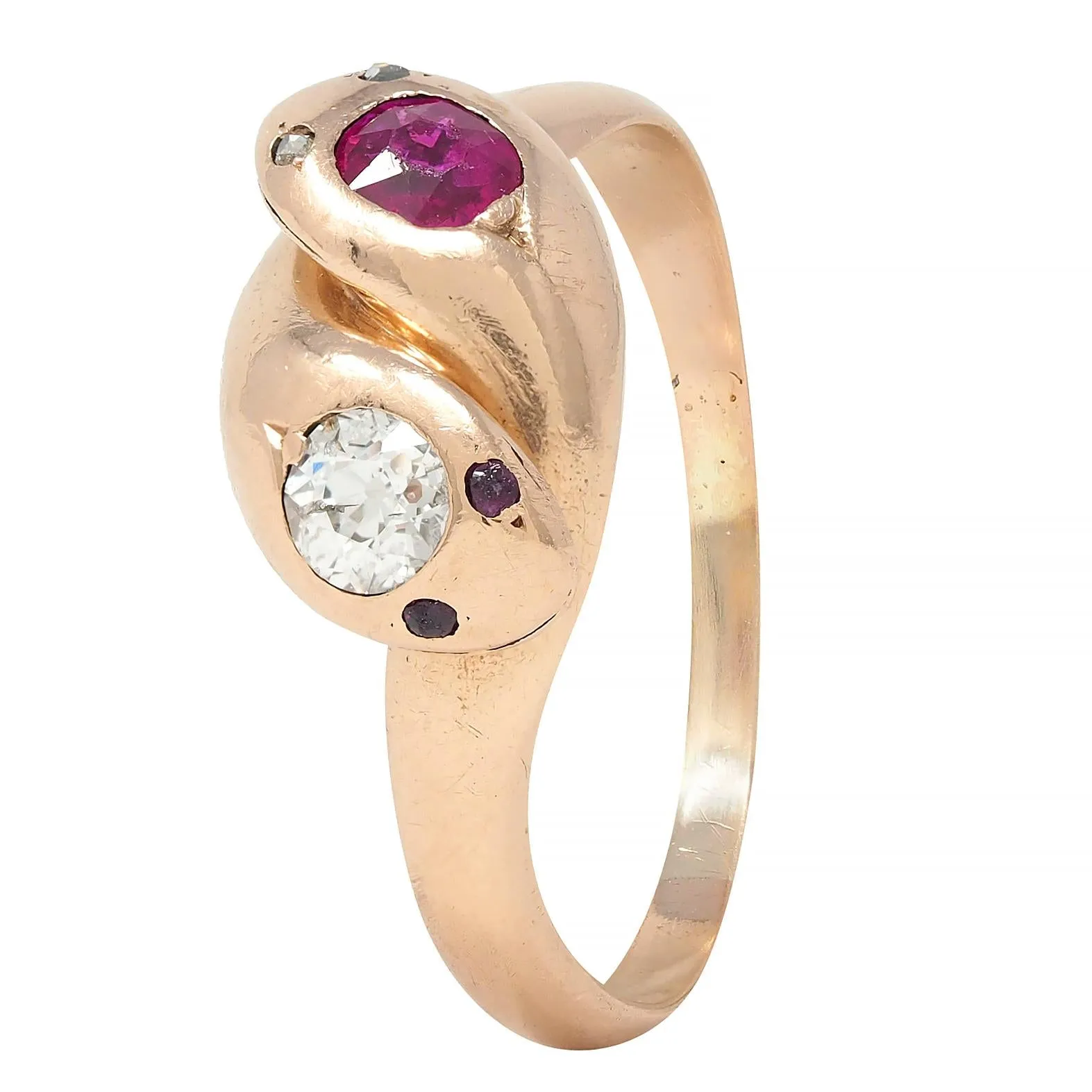 Victorian 0.36 CTW Ruby Diamond 14 Karat Rose Gold Toi-Et-Moi Lovers Knot Snake Band Ring