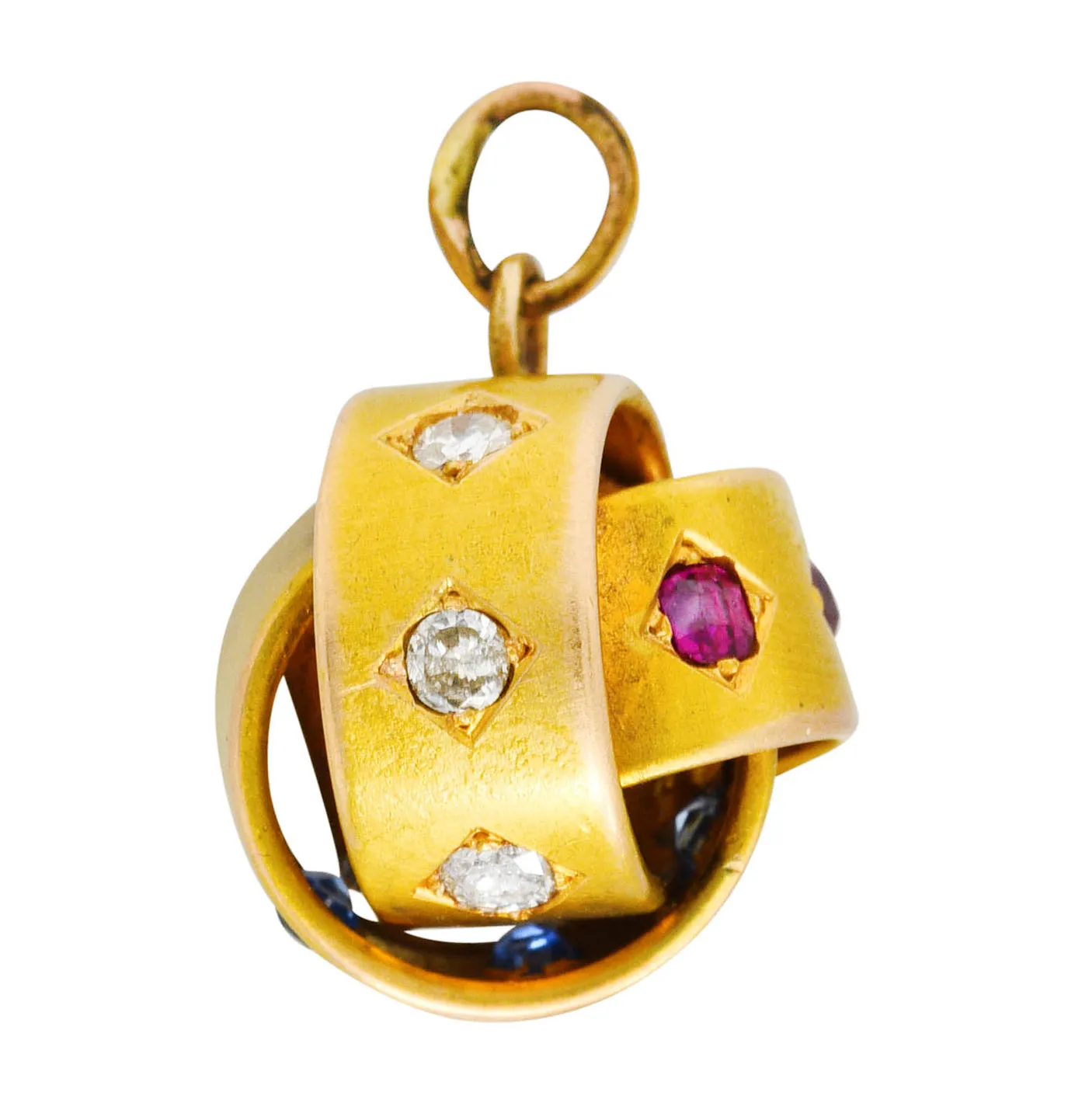 Victorian 0.80 CTW Ruby Sapphire Diamond 18 Karat Yellow Gold Triple Loop Antique Knot Charm