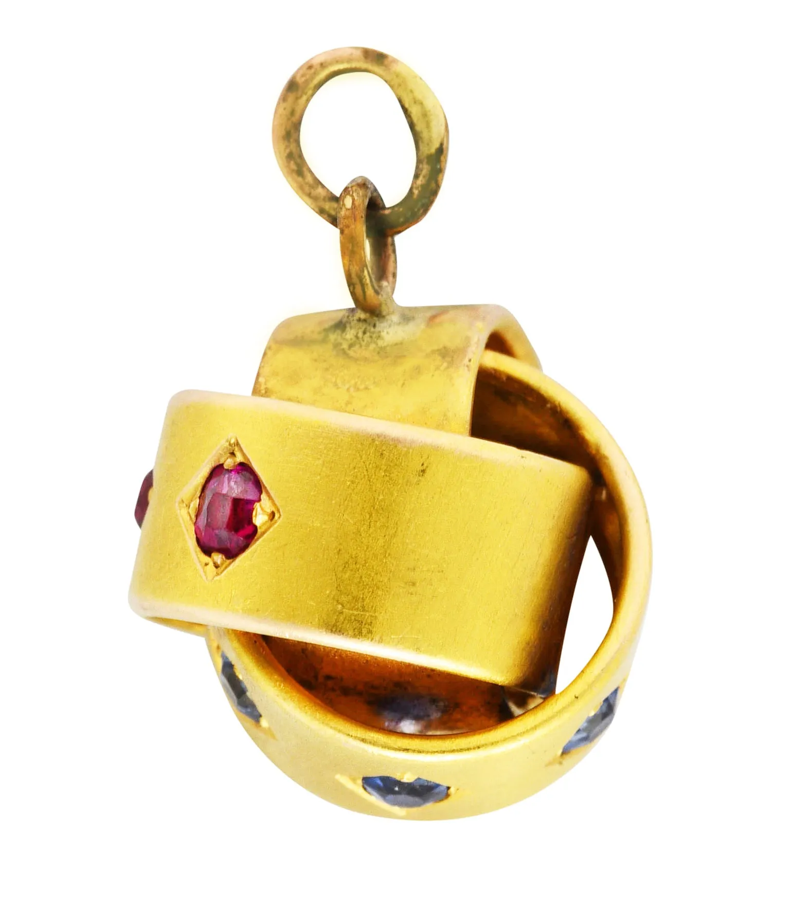 Victorian 0.80 CTW Ruby Sapphire Diamond 18 Karat Yellow Gold Triple Loop Antique Knot Charm