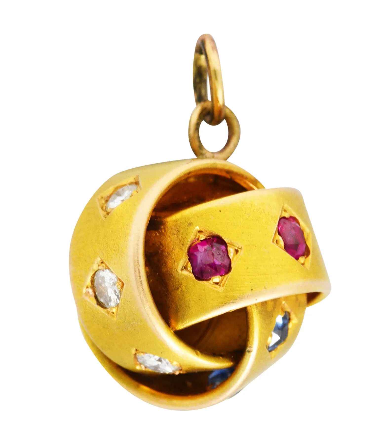 Victorian 0.80 CTW Ruby Sapphire Diamond 18 Karat Yellow Gold Triple Loop Antique Knot Charm