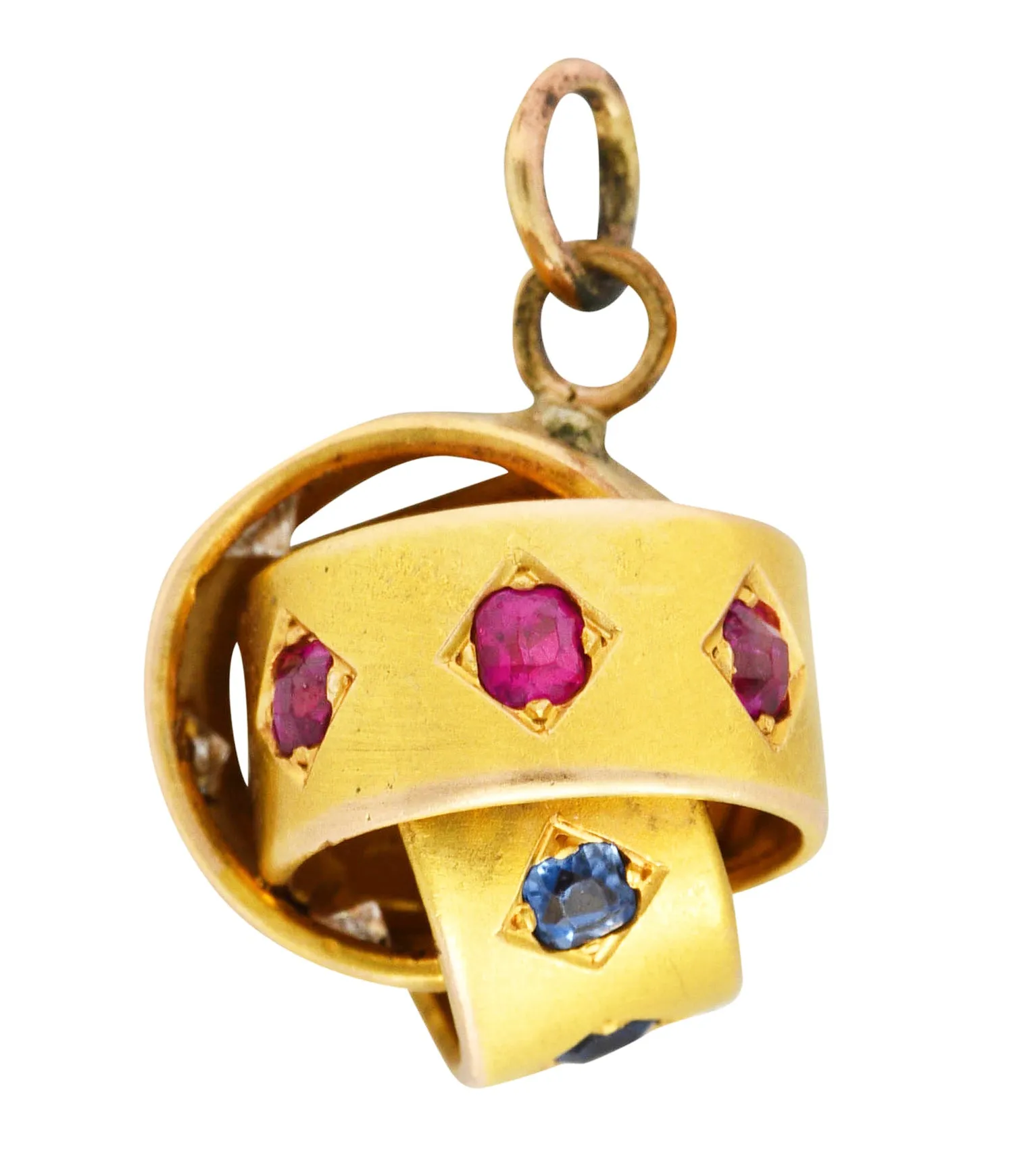 Victorian 0.80 CTW Ruby Sapphire Diamond 18 Karat Yellow Gold Triple Loop Antique Knot Charm