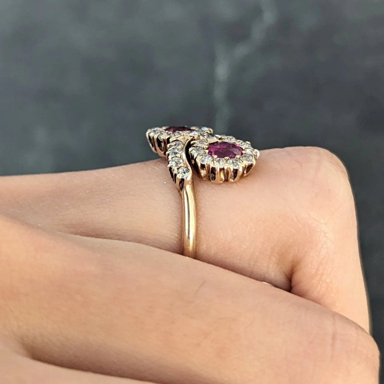 Victorian 1.76 CTW Ruby Diamond 14 Karat Yellow Gold Toi Et Moi Antique Bypass Cluster Ring