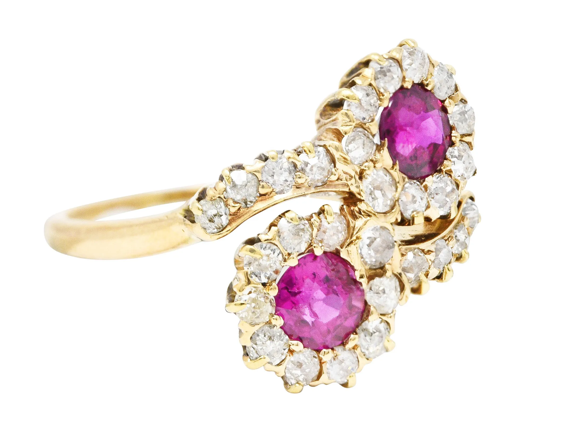 Victorian 1.76 CTW Ruby Diamond 14 Karat Yellow Gold Toi Et Moi Antique Bypass Cluster Ring