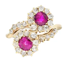 Victorian 1.76 CTW Ruby Diamond 14 Karat Yellow Gold Toi Et Moi Antique Bypass Cluster Ring