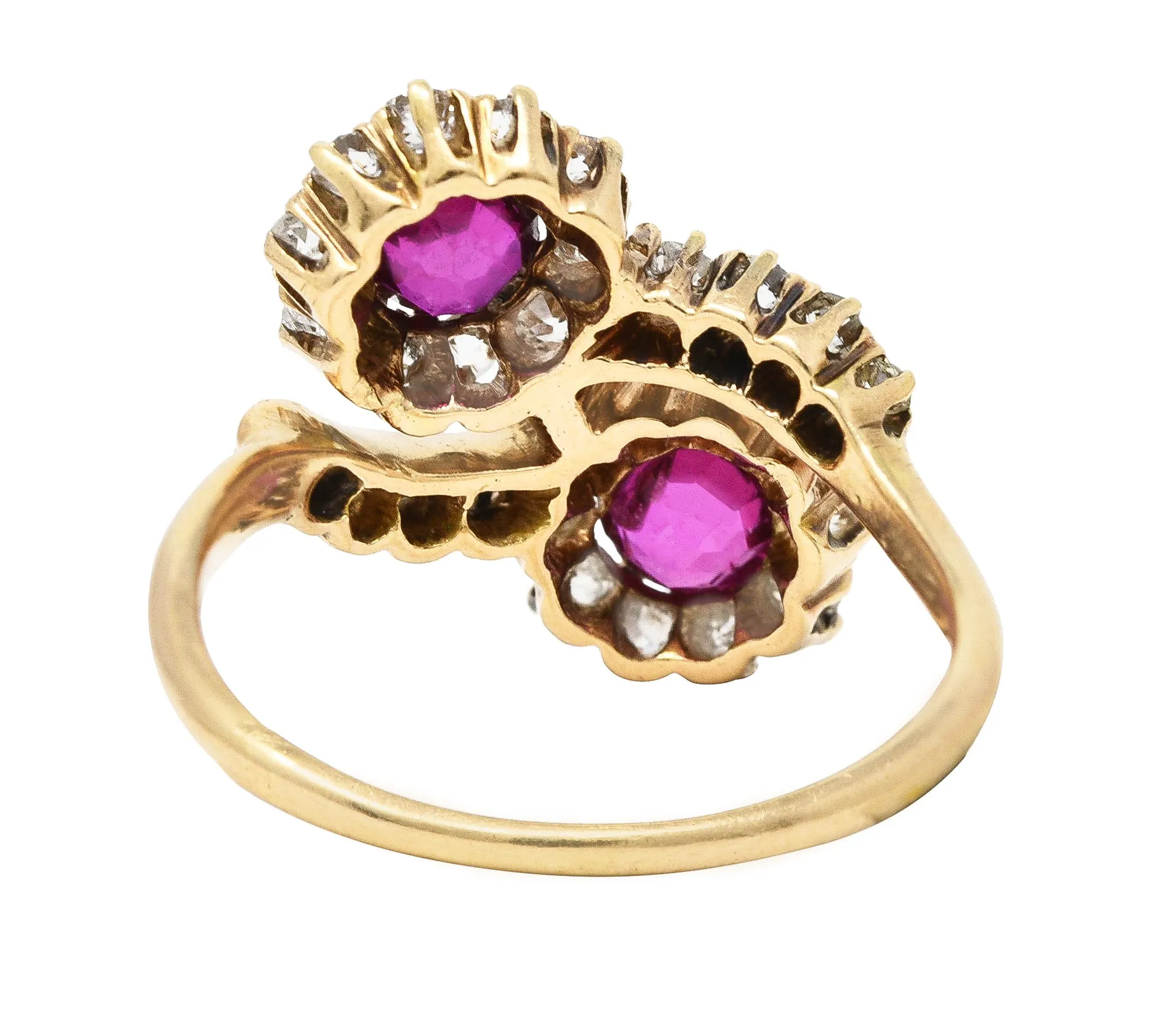 Victorian 1.76 CTW Ruby Diamond 14 Karat Yellow Gold Toi Et Moi Antique Bypass Cluster Ring