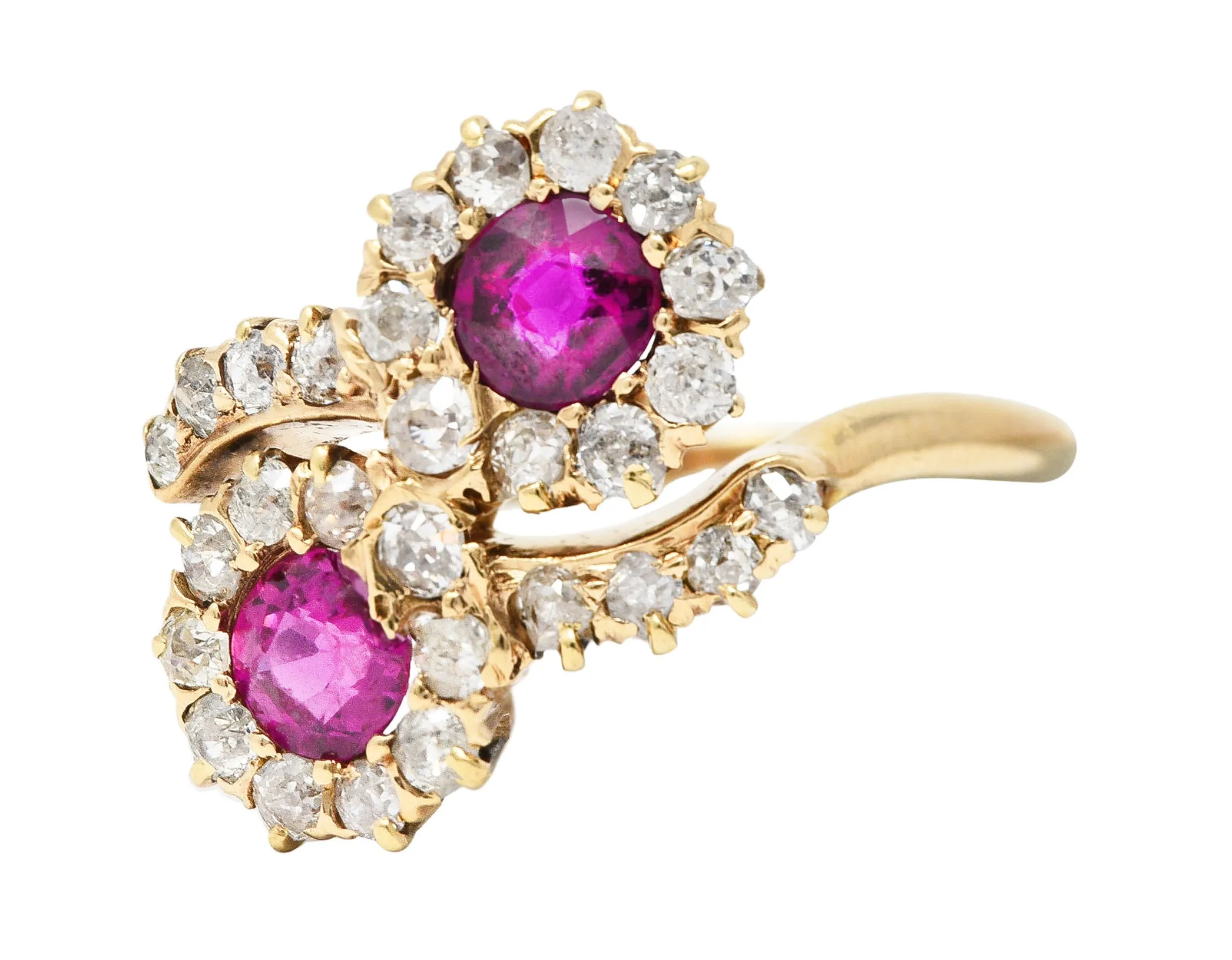 Victorian 1.76 CTW Ruby Diamond 14 Karat Yellow Gold Toi Et Moi Antique Bypass Cluster Ring