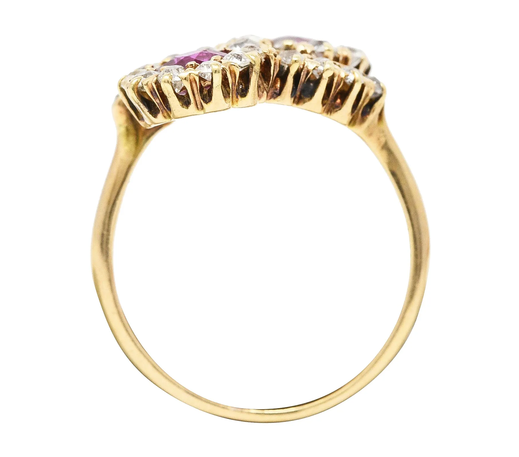 Victorian 1.76 CTW Ruby Diamond 14 Karat Yellow Gold Toi Et Moi Antique Bypass Cluster Ring