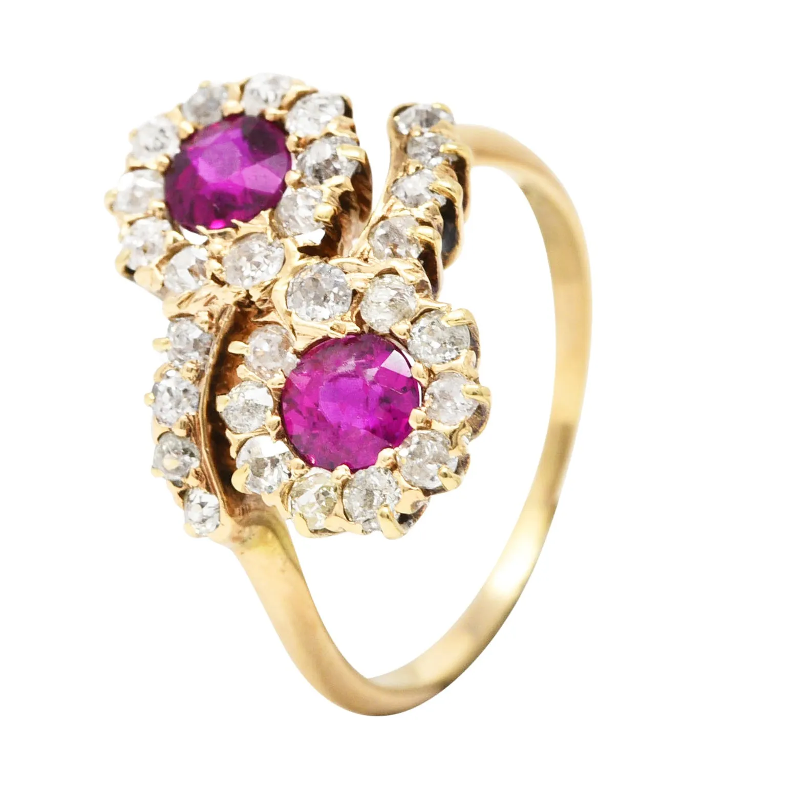 Victorian 1.76 CTW Ruby Diamond 14 Karat Yellow Gold Toi Et Moi Antique Bypass Cluster Ring