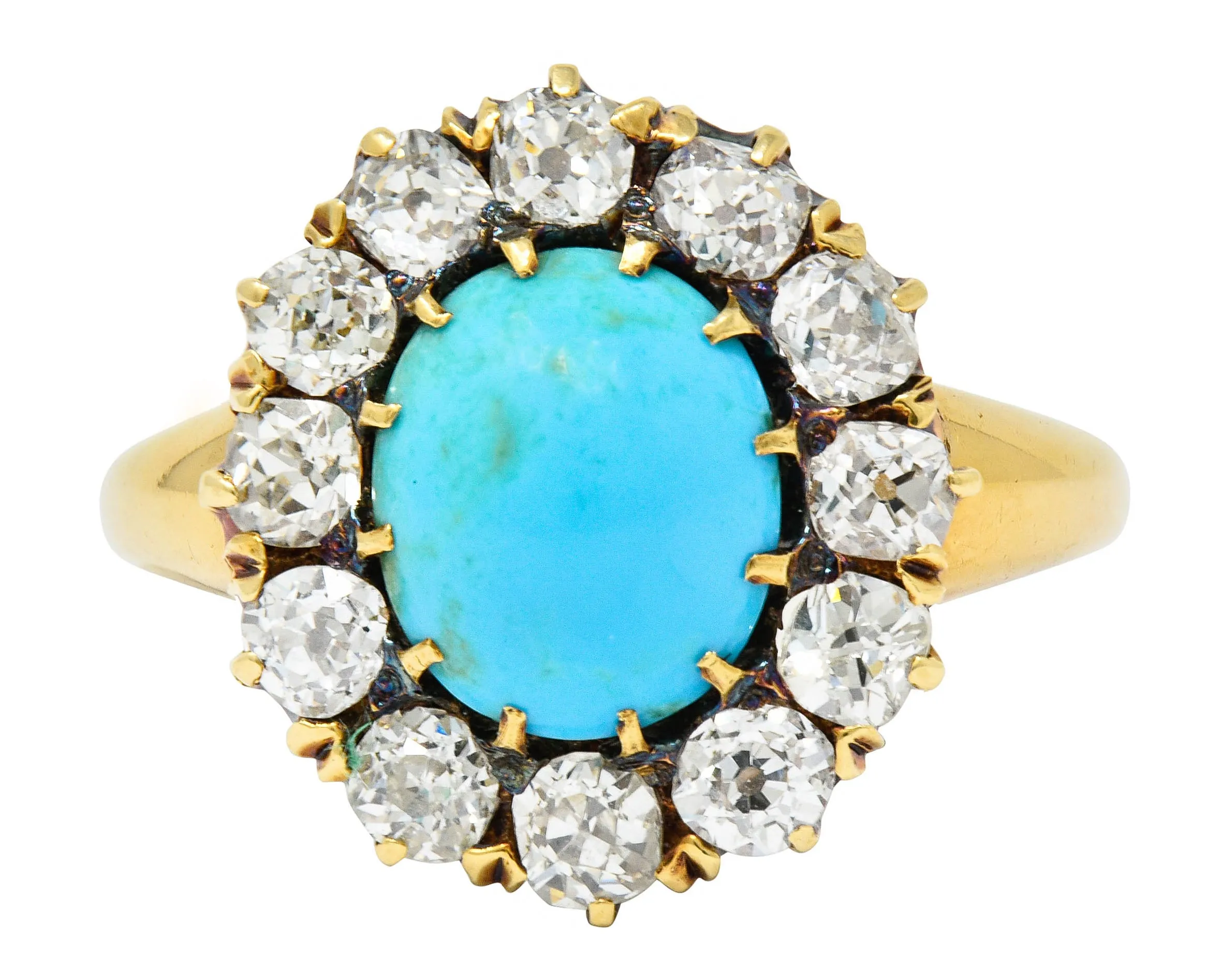 Victorian 1.80 CTW Diamond Turquoise Cabochon 18 Karat Gold Cluster Ring