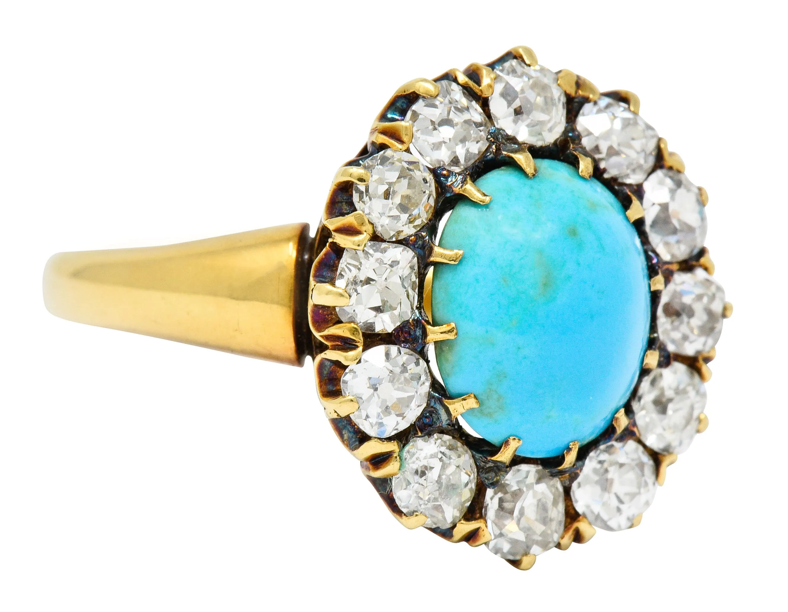 Victorian 1.80 CTW Diamond Turquoise Cabochon 18 Karat Gold Cluster Ring