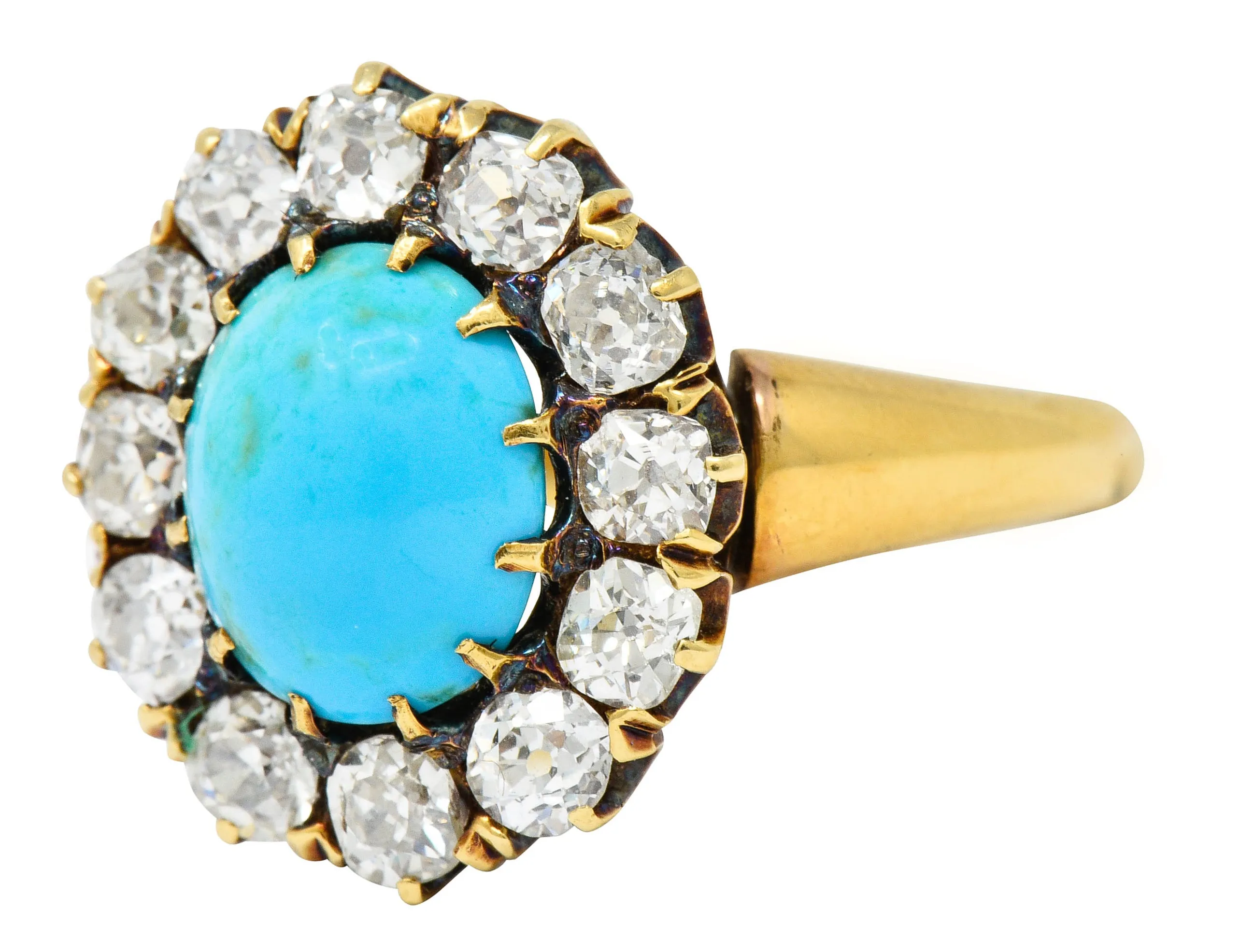 Victorian 1.80 CTW Diamond Turquoise Cabochon 18 Karat Gold Cluster Ring