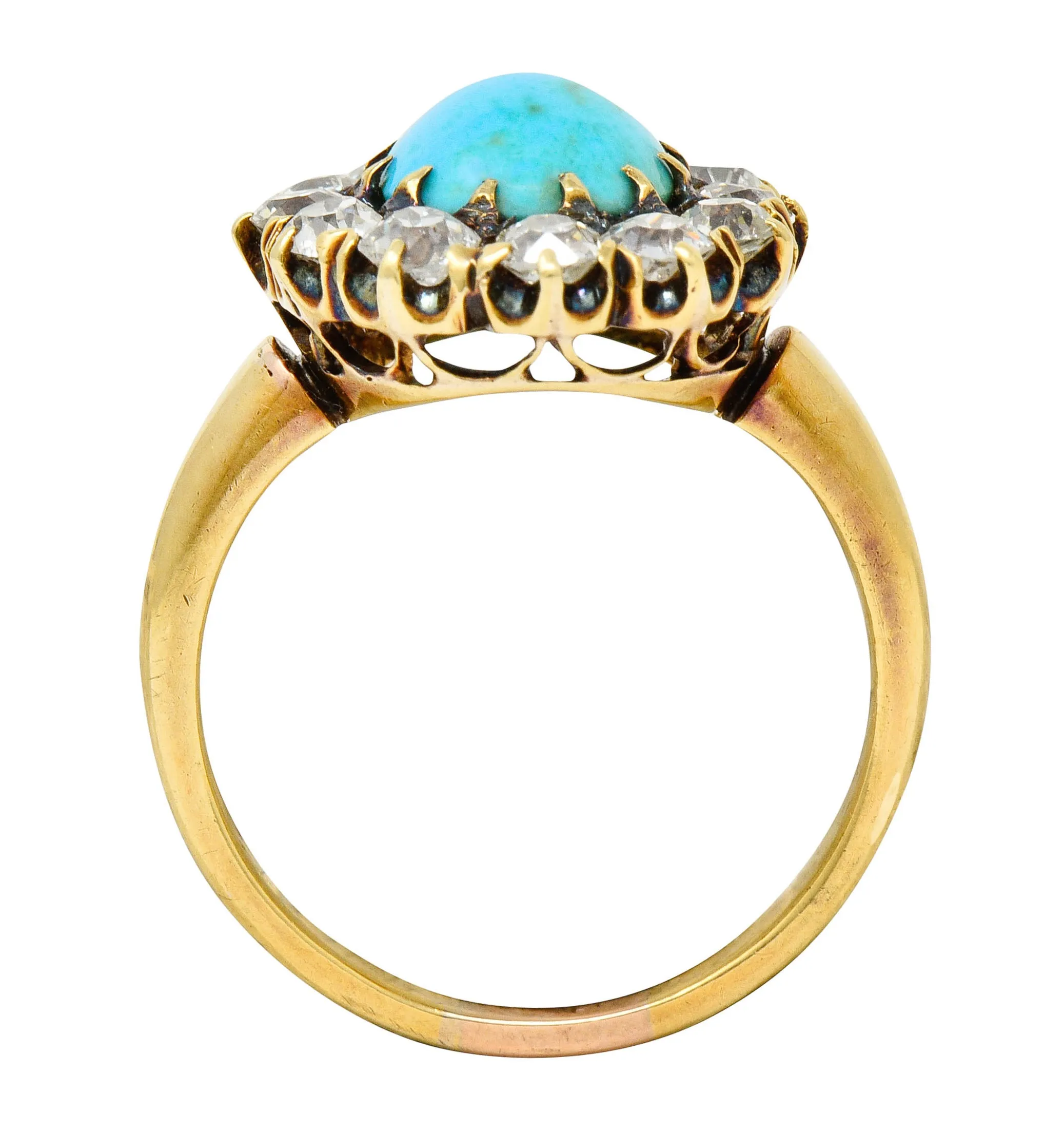 Victorian 1.80 CTW Diamond Turquoise Cabochon 18 Karat Gold Cluster Ring