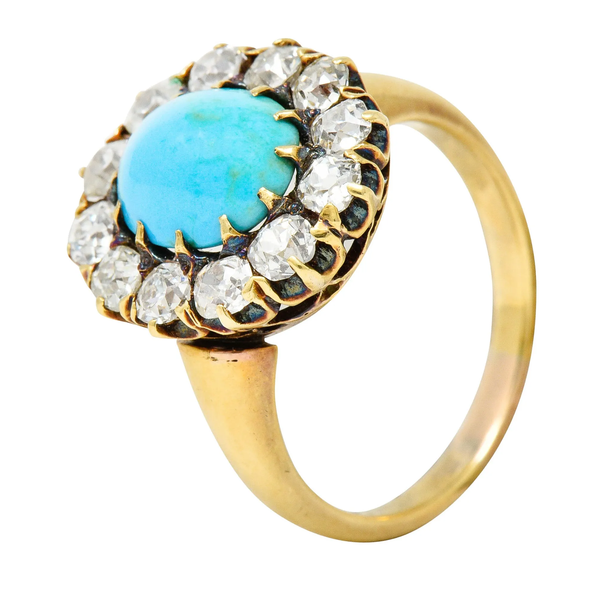 Victorian 1.80 CTW Diamond Turquoise Cabochon 18 Karat Gold Cluster Ring