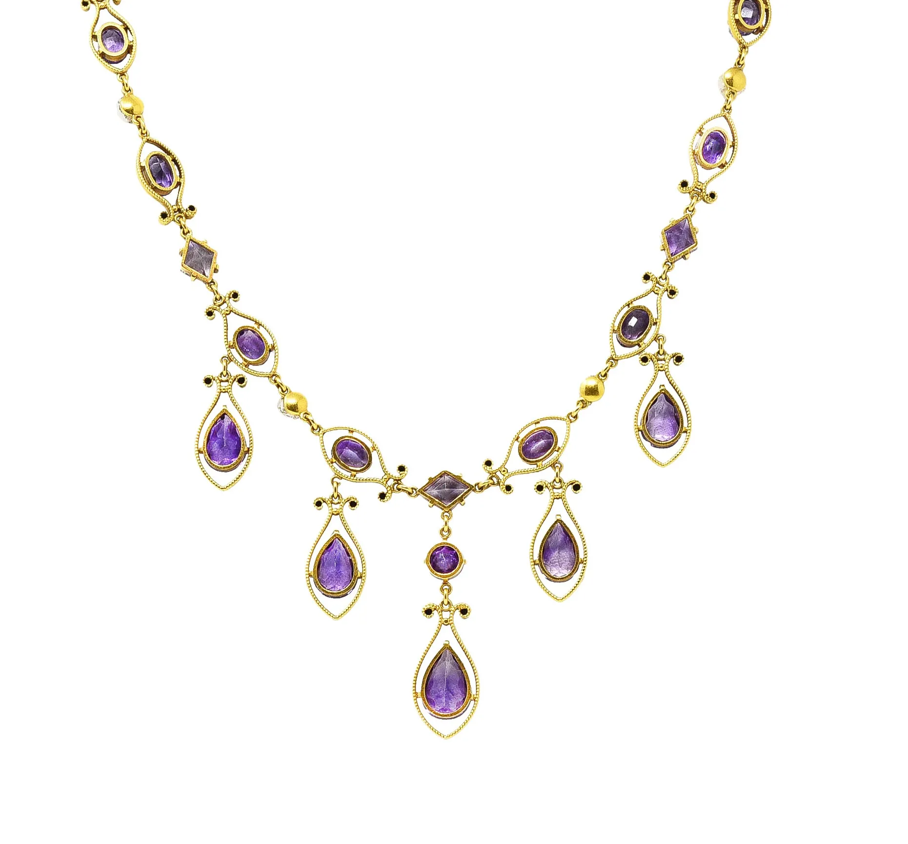 Victorian Amethyst Tourmaline Pearl 14 Karat Yellow Gold Filigree Drop Necklace