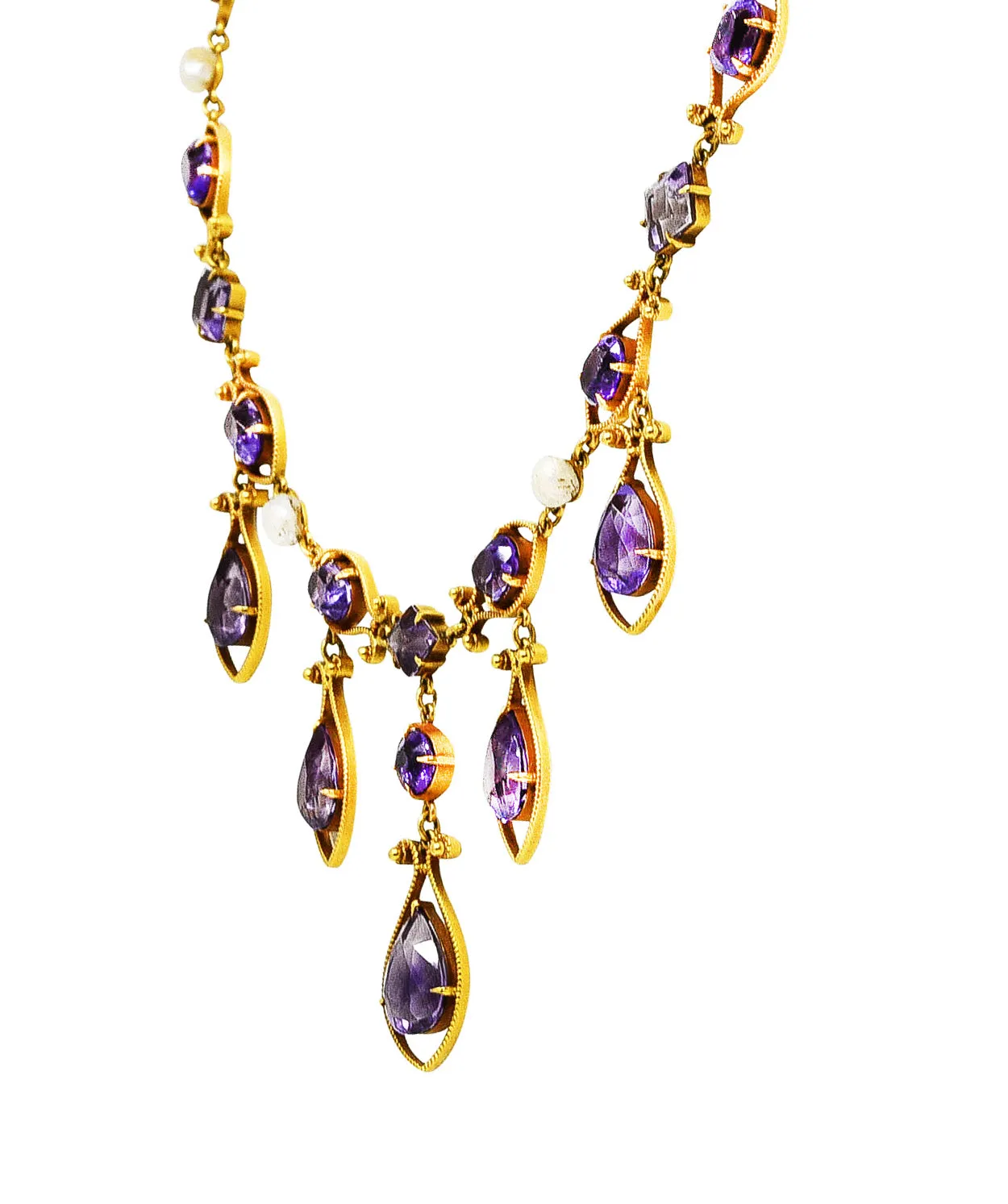 Victorian Amethyst Tourmaline Pearl 14 Karat Yellow Gold Filigree Drop Necklace