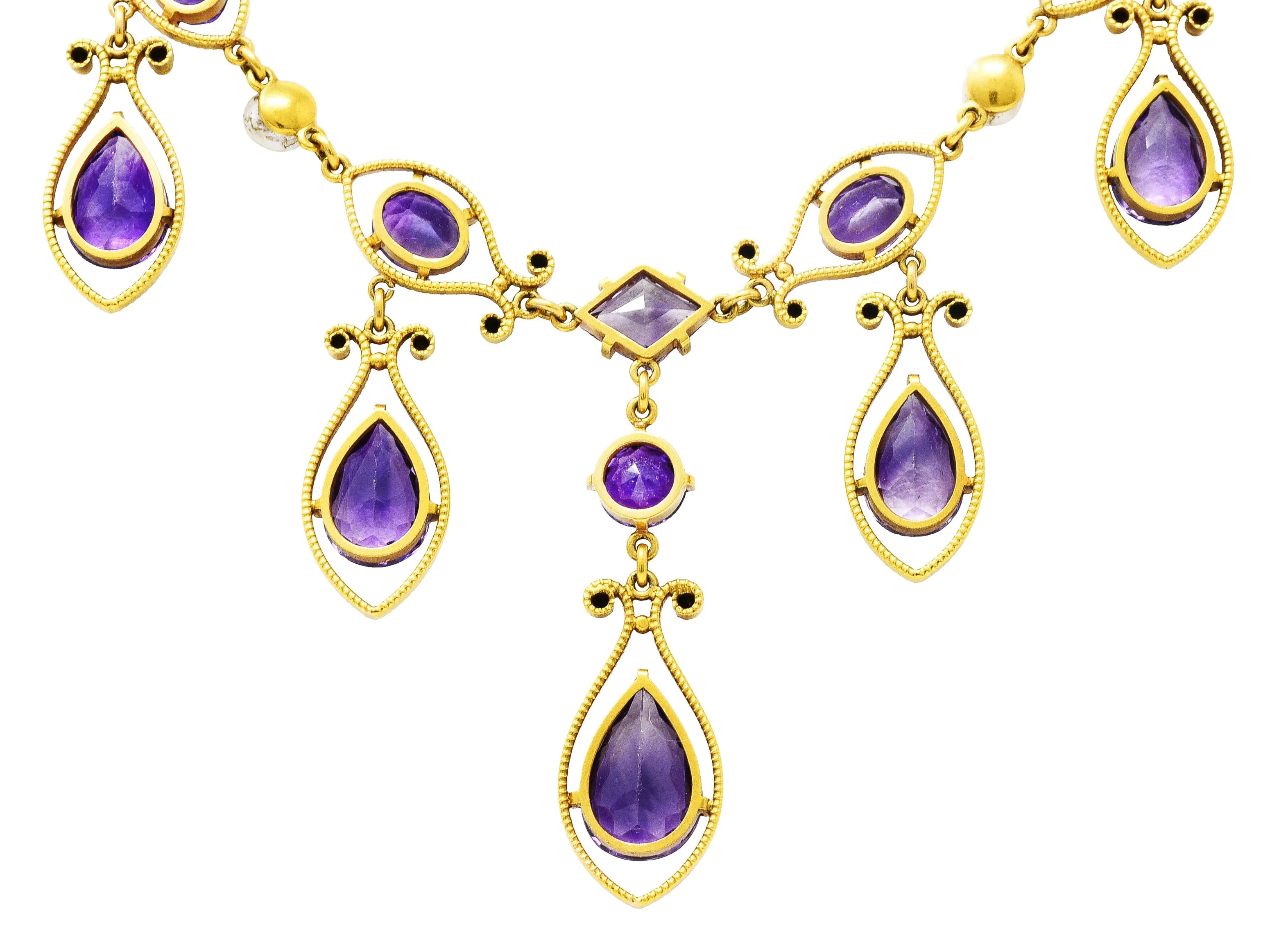 Victorian Amethyst Tourmaline Pearl 14 Karat Yellow Gold Filigree Drop Necklace