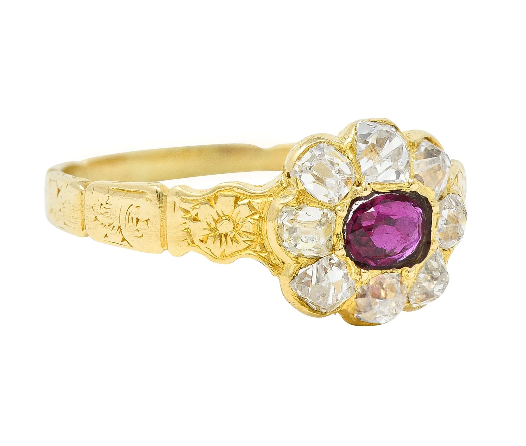 Victorian Cushion Cut Ruby Diamond 18 Karat Yellow Gold Orange Blossom Antique Halo Cluster Ring