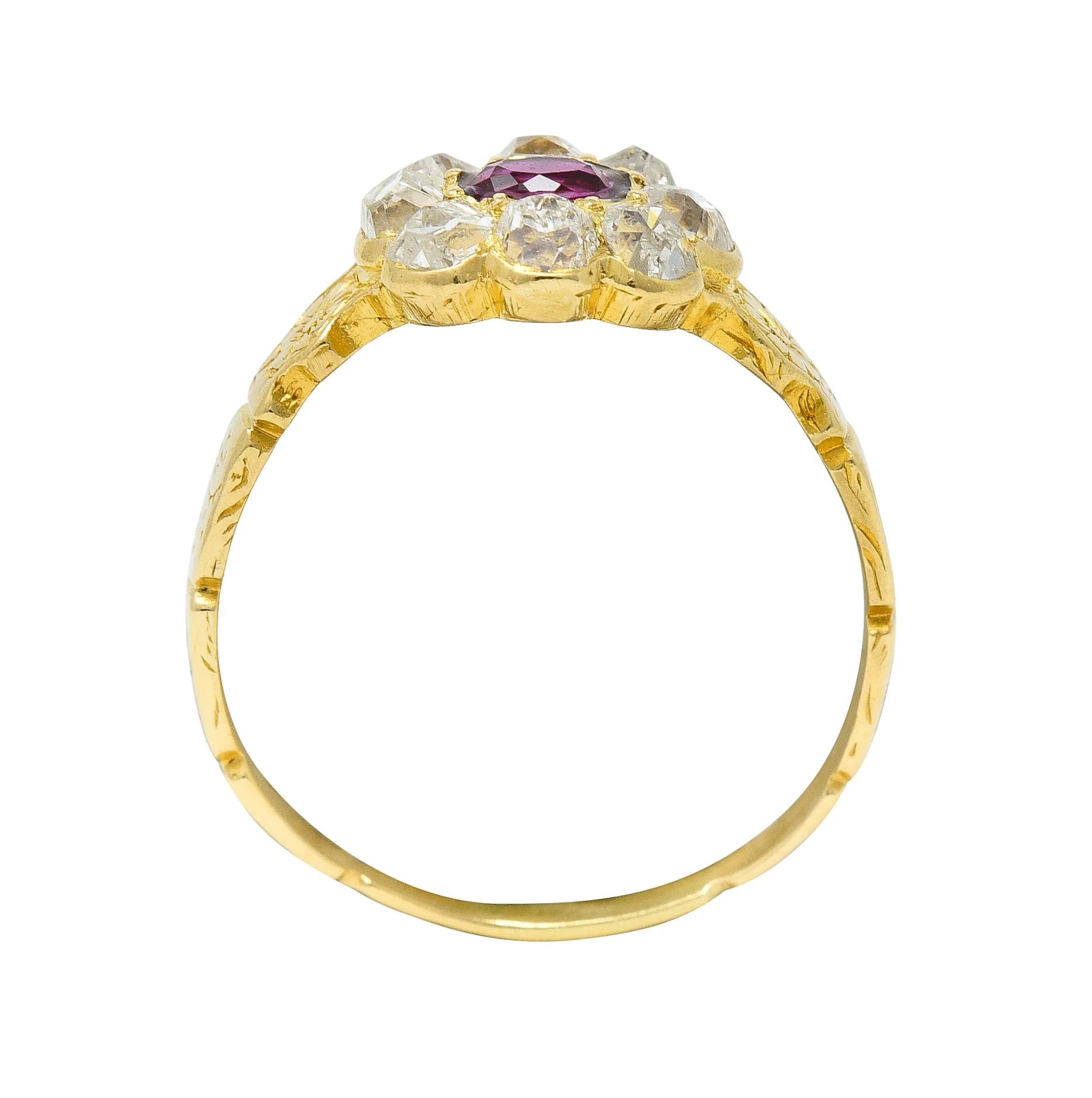 Victorian Cushion Cut Ruby Diamond 18 Karat Yellow Gold Orange Blossom Antique Halo Cluster Ring