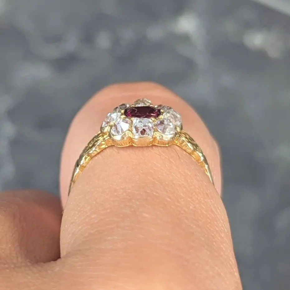 Victorian Cushion Cut Ruby Diamond 18 Karat Yellow Gold Orange Blossom Antique Halo Cluster Ring